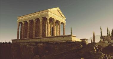 CGI Ancient temple stands tall against a sunset backdrop in serene landscape video