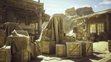 CGI Desert town with wooden crates and covered structures under bright sky video