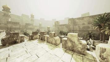 CGI Exploring ancient ruins with golden domes in a misty atmosphere video