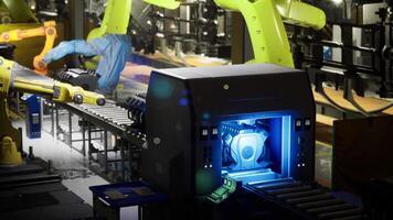 CGI Modern factory automation with robotic arms and assembly line technology video