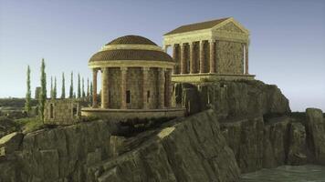 CGI Ancient temples on rocky cliffs overlooking serene waters at sunrise video