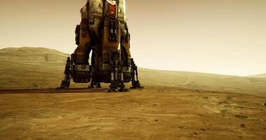 CGI Landing craft approaches Martian surface in a dusty landscape under pale sky video