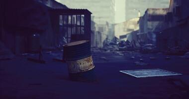 CGI Desolate urban landscape with a rusty barrel and debris at dusk video