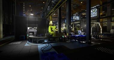 CGI Robotic arm working on an assembly line in a modern manufacturing facility video