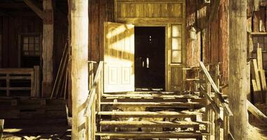 CGI Sunlight streaming through an open doorway of an old wooden building video