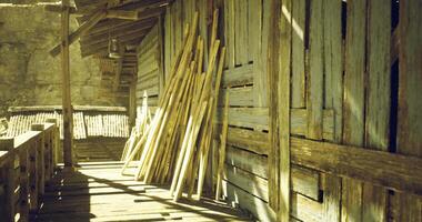 CGI Wooden structure with light streaming through at rustic location video