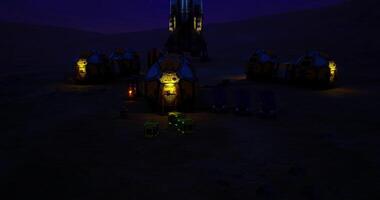 CGI Mysterious Martian settlement illuminated at twilight with a towering rocket video