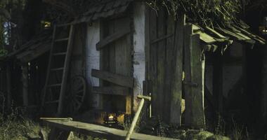 CGI Cottage in the woods with rustic architecture and warm candlelight at twilight video