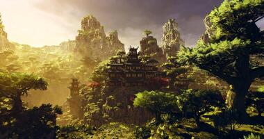 CGI Scenic landscape featuring ancient Chinese architecture amidst lush mountains video