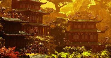 CGI Majestic ancient structures nestled in the mountains of China during sunset video