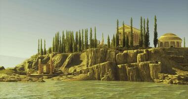 CGI Ancient ruins on a coastal cliff under a clear sky during golden hour video