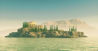 CGI Island with architectural structure surrounded by calm waters at sunset video