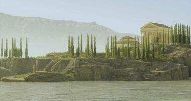 CGI Ancient ruins along serene waters amidst distant mountains video