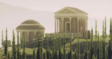 CGI Ancient temples surrounded by tall trees on a misty morning in Greece video