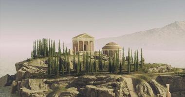 CGI Ancient temple complex on a serene island surrounded by water video