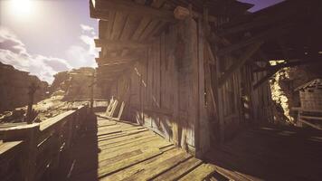 CGI Rustic wooden structure in desert landscape under bright sunlight video