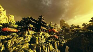 CGI Chinese mountain landscape with traditional architecture and greenery video