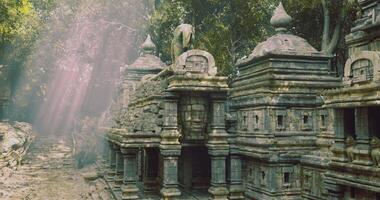 CGI Ancient temple ruins surrounded by lush greenery and serene light rays video