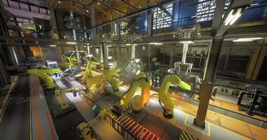 CGI Advanced robotics in an industrial factory setting during daytime operations video