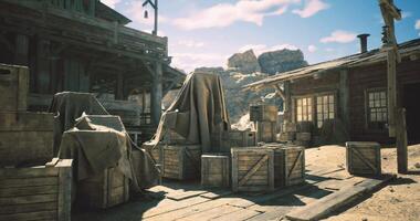 CGI Old western town with wooden buildings and stacked crates under cloth video
