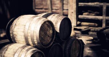 CGI Rustic wooden barrels stacked in a warehouse during the golden hour video