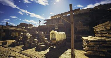 CGI Abandoned western town with wagon and wooden structures under bright sky video