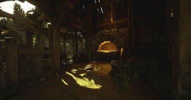 CGI Inside an old workshop with warm light and rustic charm in the countryside video