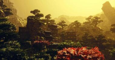 CGI Lush landscape of ancient architecture surrounded by vibrant flora in China video