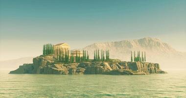 CGI Island retreat with ancient architecture surrounded by calm waters video