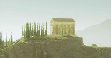 CGI Ancient temple surrounded by lush greenery on a rocky cliff video