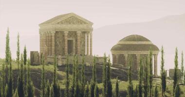 CGI Ancient temple structures on a hillside amidst greenery at sunset video