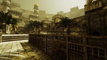 CGI Old palace courtyard with intricate architecture and lush palm trees video