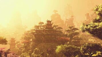 CGI Tranquil ancient architecture set in lush mountains of China during sunset video