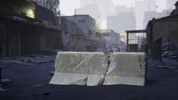 CGI Block obstructs narrow urban alley in a hazy cityscape during daytime video