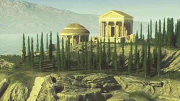 CGI Ancient structures on a scenic hillside near a tranquil body of water video