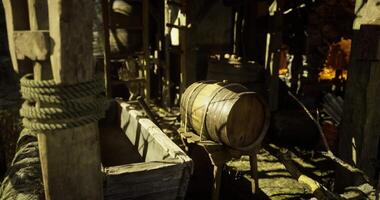 CGI Wooden barrel and trough inside a rustic storage area in an old structure video