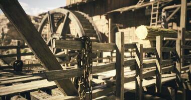 CGI Water wheel capturing sunlight in a rustic mill setting video