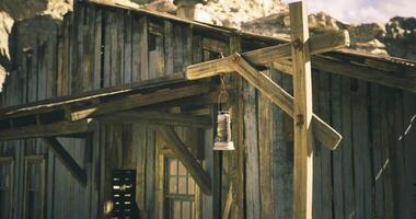 CGI Rustic wooden structure with hanging bell in a sunlit abandoned setting video