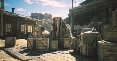 CGI Western town with covered crates and wooden buildings in desert setting video