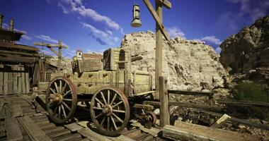 CGI Rustic wooden wagon on a weathered dock against a rocky backdrop video