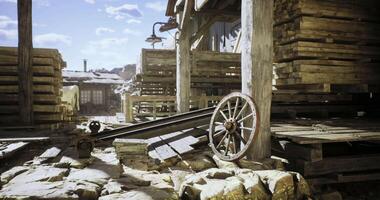 CGI Rustic warehouse area with wooden structures and abandoned wheel details video