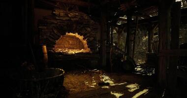CGI Old stone furnace illuminated in rustic workshop setting in forest video