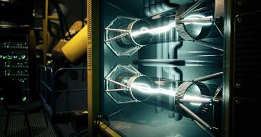 CGI High tech energy generator showcasing bright arcs in advanced facility video