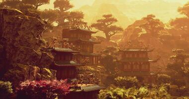 CGI Majestic ancient architecture in a serene landscape during sunset in China video