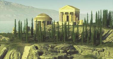 CGI Ancient ruins by the shore with majestic trees and mountains in background video