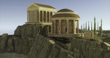 CGI Ancient architecture on rocky terrain under clear sky at sunset video