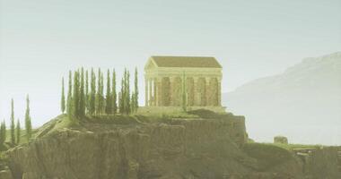 CGI Ancient structure on a rocky hill surrounded by cypress trees in daylight video