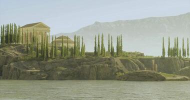 CGI Historic architecture along a serene lakeshore surrounded by mountains video