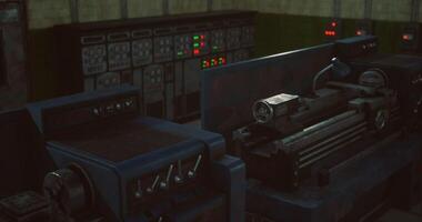 CGI Workshop environment with vintage machinery and control panel illuminated video