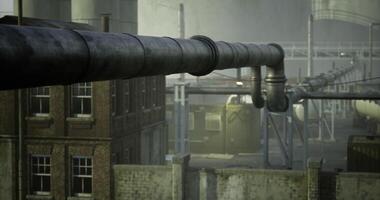 CGI Pipes leading to industrial structures in foggy urban setting video